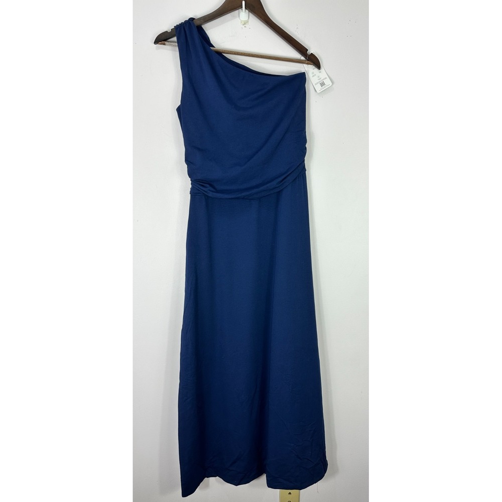 Lands' End One Shoulder Dress S Navy Tencel Minimalist Resort Chic Quiet Luxury